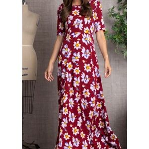 NWT High Waist Burgundy Floral Short Sleeves Half Lined Maxi Dress